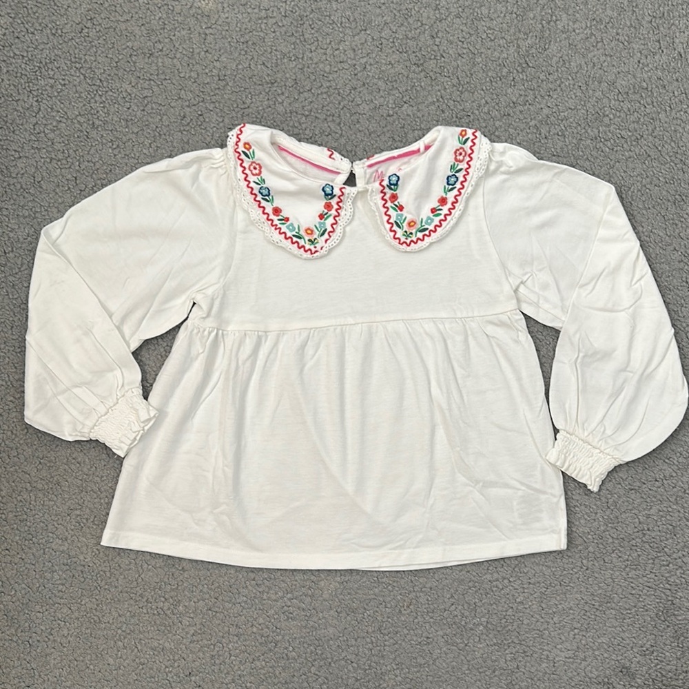 Mini Boden Embroidered White Blouse with Floral Collar